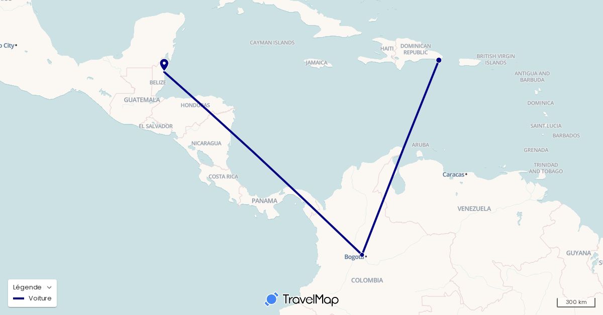 TravelMap itinerary: driving in Belize, Colombia, Dominican Republic (North America, South America)